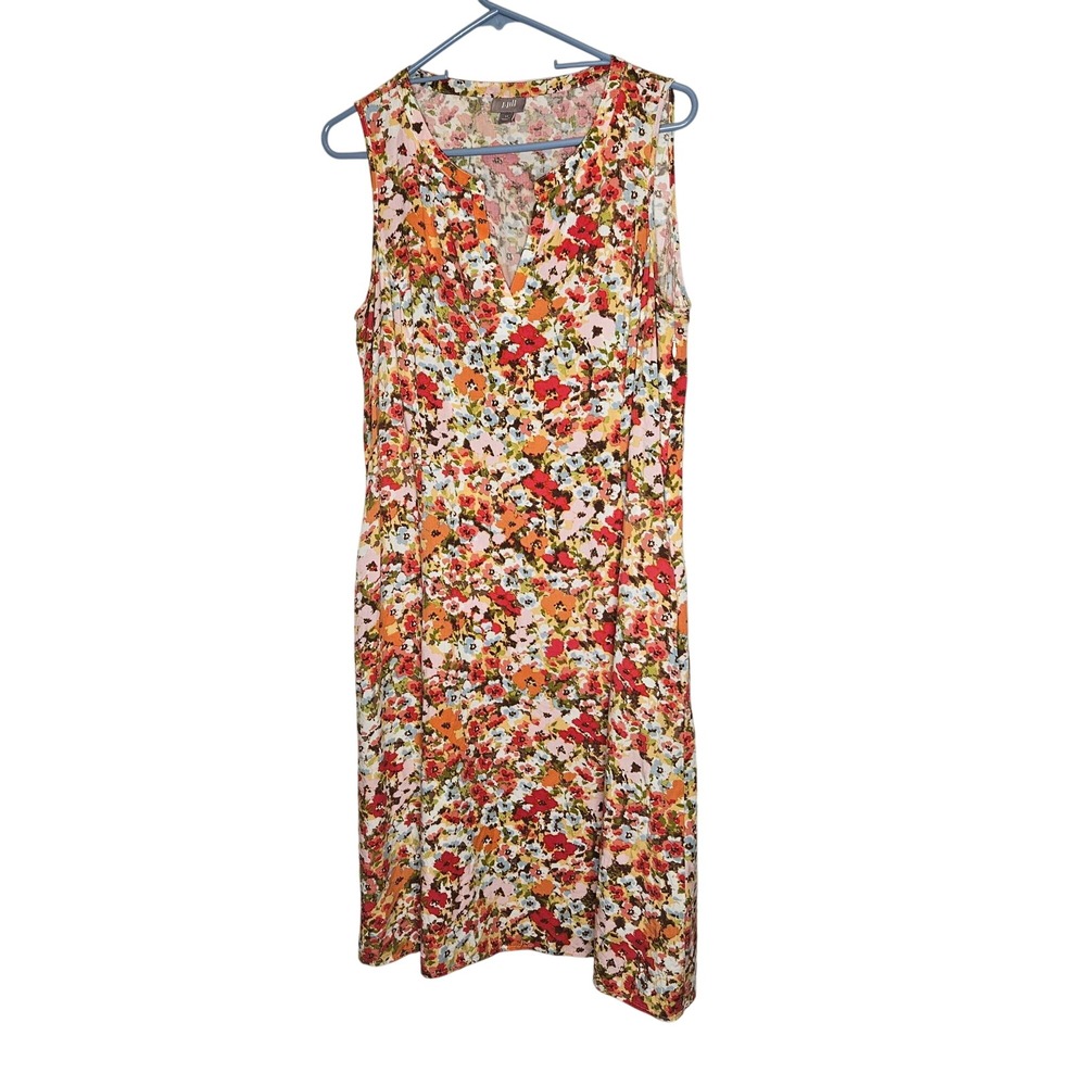 J. Jill Sleeveless Floral Print Midi‎ Dress Size 14 Side Zip Pockets Multicolor